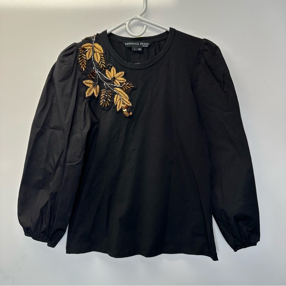 VERONICA BEARD franchi embellished applique top in black puff sleeve size small - Picture 11 of 12